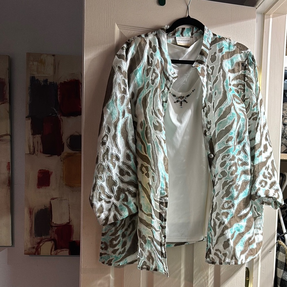 Alfred Dunner Teal and Brown Patterned Top